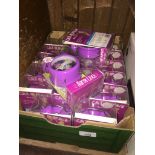 A box with quantity of Cat in Space alarm clocks. Catalogue only, live bidding available via our