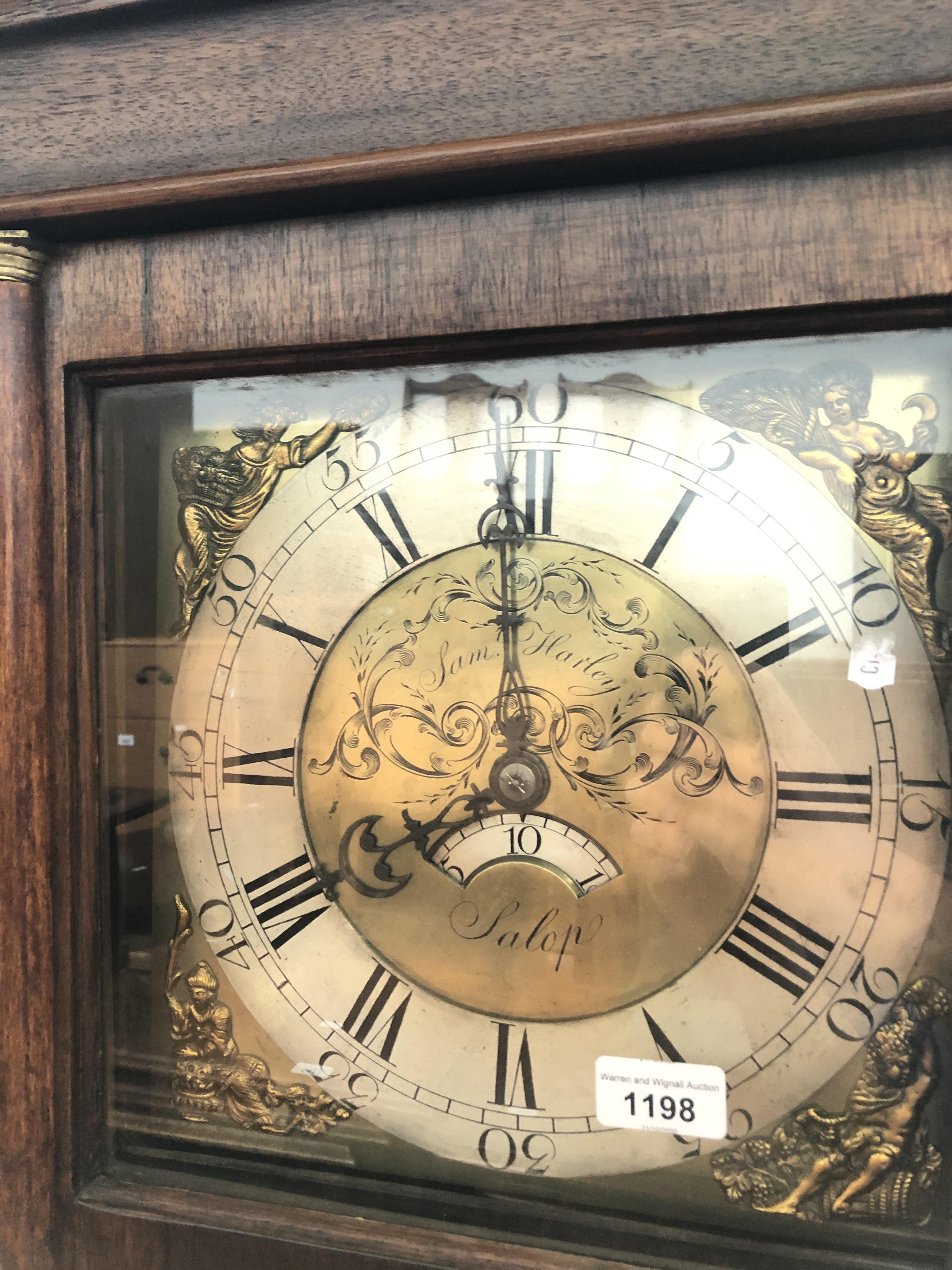 A Sam Harley - Salop, mahogany long case clock with brass dial - with weights, chains, pendulum - Bild 4 aus 13