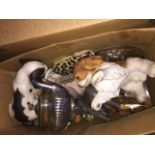 A box of assorted animal pottery, plated teapot, decanter etc Catalogue only, live bidding available
