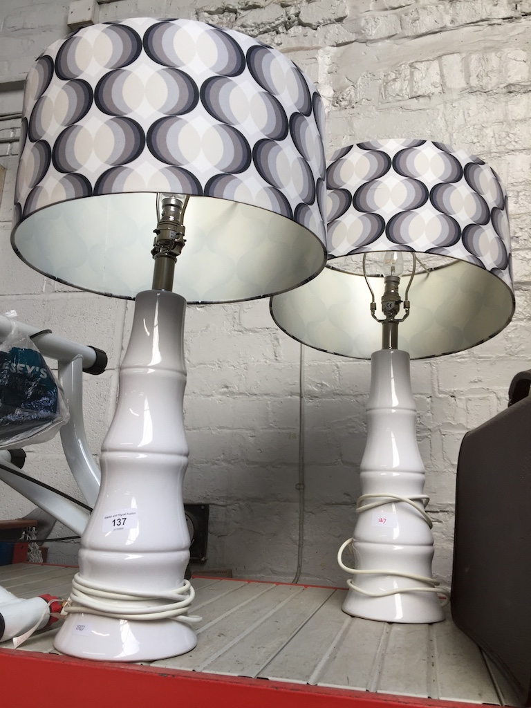 2 large ceramic table lamps with shades. Catalogue only, live bidding available via our webiste.