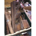 A box of old tools including planes, mallet etc Catalogue only, live bidding available via our