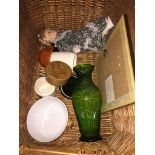 A wicker laundry basket containing bric-a-brac to include glass, etc. Catalogue only, live bidding