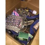 A mixed box including shoes, mirror, lamp shades, etc Catalogue only, live bidding available via our