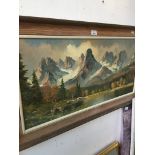 Mountains and lake landscape scene, oil on canvas, signed 'Grooner' lower left, framed. Catalogue