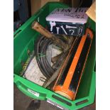A box of misc tools, chisels, cable, angle supports, etc. Catalogue only, live bidding available via
