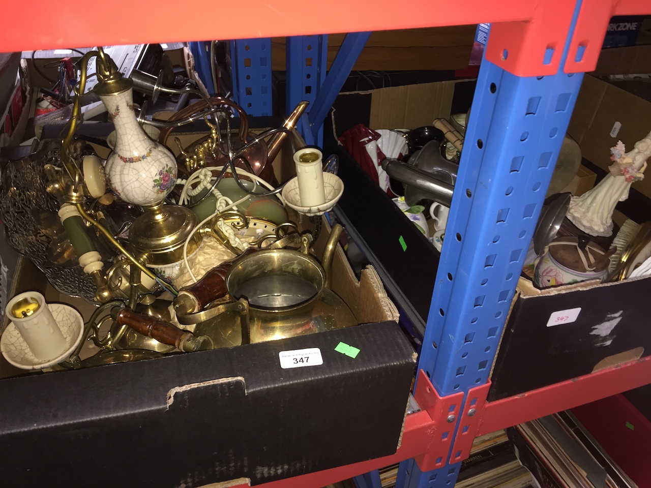 2 boxes of assorted items to include ceiling light fitting, metalware, ornaments, pottery plates,