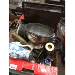 A box of bric-a-brac to include brass, EPNS, etc. Catalogue only, live bidding available via our