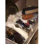 A large box of misc to include figures, pottery, ornaments, brass charger, etc. Catalogue only, live