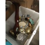 A box of misc to include metalware, brass, barometer, Capodimonte figure, etc. Catalogue only,