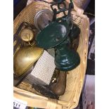 A box of assorted items - kitchen scales, wicker basket, mini miners lamp etx Catalogue only, live