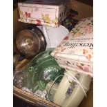 A box of misc items including metalware, platedware, 2 stencilling kits, telephone, glassware,