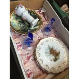 Long box of plates and two glass ornaments Catalogue only, live bidding available via our webiste.