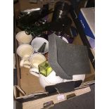 A box of pottery, storage jars, mugs and a box of glass display dishes, glass vases, etc Catalogue
