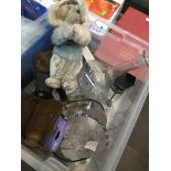 Plastic tub ofglass and two teddies The-saleroom.com showing catalogue only, live bidding