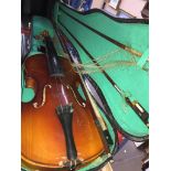 A violin with bow, in case. The-saleroom.com showing catalogue only, live bidding available via