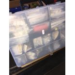 A plastic case of craft items The-saleroom.com showing catalogue only, live bidding available via