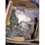 A box of glassware, pottery and metal figure. The-saleroom.com showing catalogue only, live