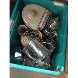 Green crate of plated ware etc. The-saleroom.com showing catalogue only, live bidding available