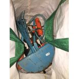 A bag and a plastic basket of misc garden tools. The-saleroom.com showing catalogue only, live