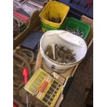 A box of drills, screws, keys, axe, etc. The-saleroom.com showing catalogue only, live bidding