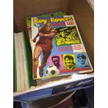 A box of annuals to include Roy of the Rovers, Cor!! , Warlord, Beano, Dandy and a football