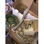 A box of misc pottery, Royal Doulton glass vase, small plated items, sherry glasses etc The-
