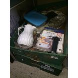 2 boxes of misc including fire hose, electric windshield scraper, torch, crockery, etc. The-