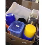 A box of flasks, tupperware and other containers The-saleroom.com showing catalogue only, live