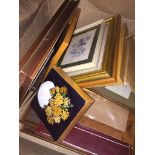 A box of pictures and frames. The-saleroom.com showing catalogue only, live bidding available via