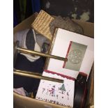A box of misc to include clothes, pictures, tea lights, ornaments, brass small chair, kitchen items,