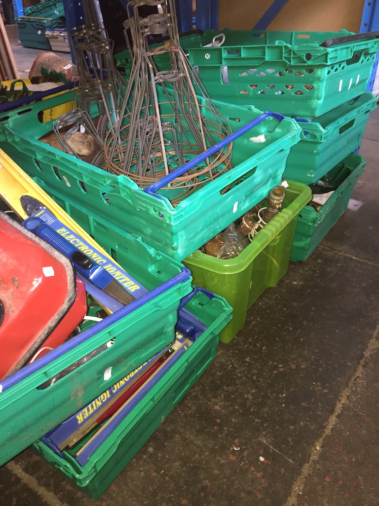 7 crates of misc items to include petrol can, spirit levels, electronic igniters, wire frames,