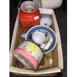 A box of items including an 18th century tea bowl, a West German vase, plated cutlery etc. The-