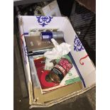A box of horse racing memorabilia including a tin of chopped tomatoes signed by Frankie Dettori