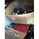2 boxes of misc to include ship's decanter, jug, brassware, nautical items, shoemaker's tools,