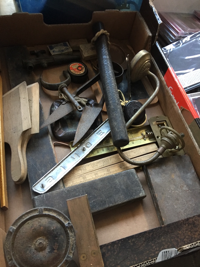 A box of vintage tools etc The-saleroom.com showing catalogue only, live bidding available via our
