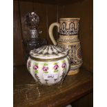 Porcelain casket, pottery jug and glass decanter The-saleroom.com showing catalogue only, live