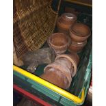 A box of terracotta planters, a mallet and a wooden basket. The-saleroom.com showing catalogue only,