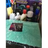 A box of car care products, Micro-fibre cloths, Micro-fibre Wash Mits, Aqua deluxe drying towel,