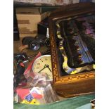 A box of misc including tea tray, binoculars, bathroom scales, etc. The-saleroom.com showing