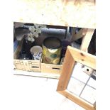 Two boxes of mixed pottery, jugs, planters, demijohn, 2 vases, stick stand and pine framed mirror