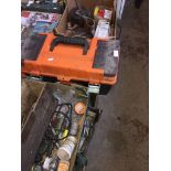 2 boxes and a toolbox with tools to include ring and open jaw spanners, tile scorers, pickaxe, etc