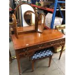 A yew wood dressing table, stool and triple mirror