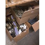 3 boxes of misc to include metalware, brass lamp base, brass candlesticks, Victorian folding