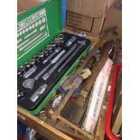 A box of tools including complete socket set. Catalogue only, live bidding available via our