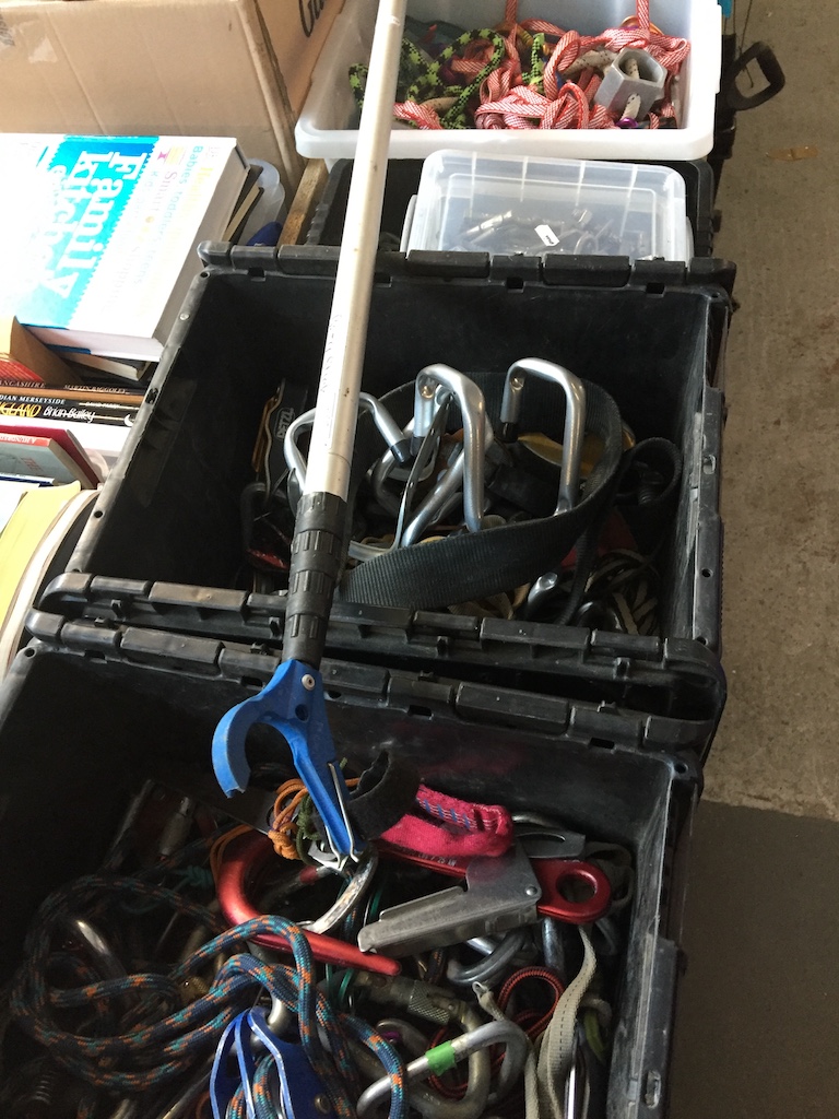 4 boxes of climbing carabiners, etc - AF - with no safety guarantee. Catalogue only, live bidding