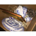 Box of blue and white pottery and pictures etc. Catalogue only, live bidding available via our