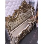 A French gilt and cream wood double bed frame and matching wall mounted bedside tables with single