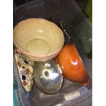 Plastic tub of pottery, plated biscuit barrel etc. Catalogue only, live bidding available via our