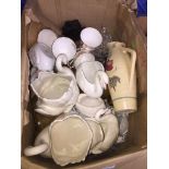 A box of pottery, vases, china, glass ornament, etc. Catalogue only, live bidding available via