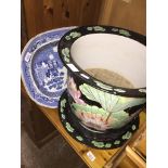 A large ceramic Chinese planter and tray together with a blue and white platter Catalogue only, live